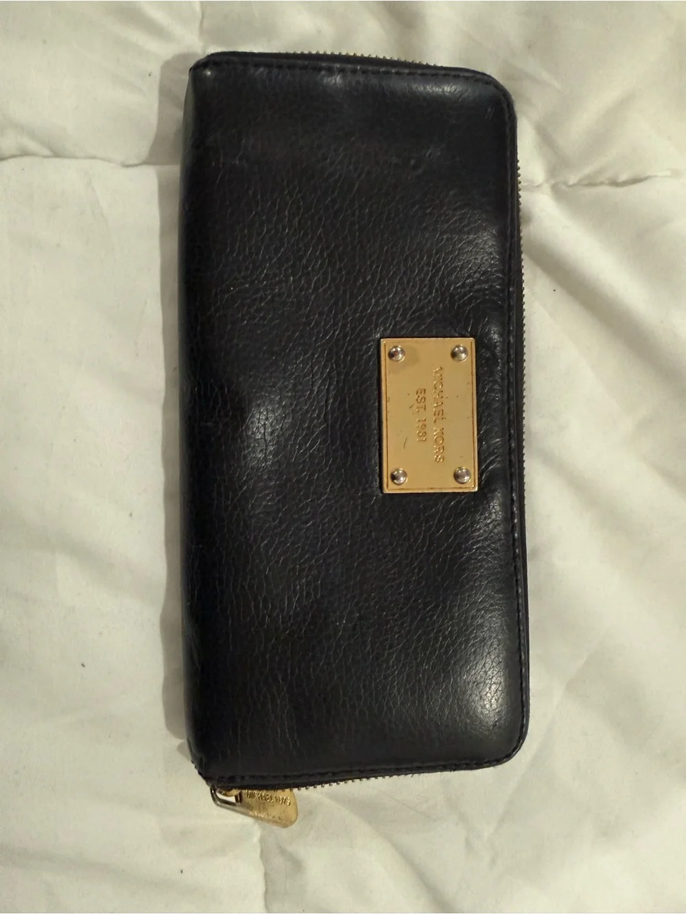 Michael Kors Black Leather Zip Wallet with Gold Plaque